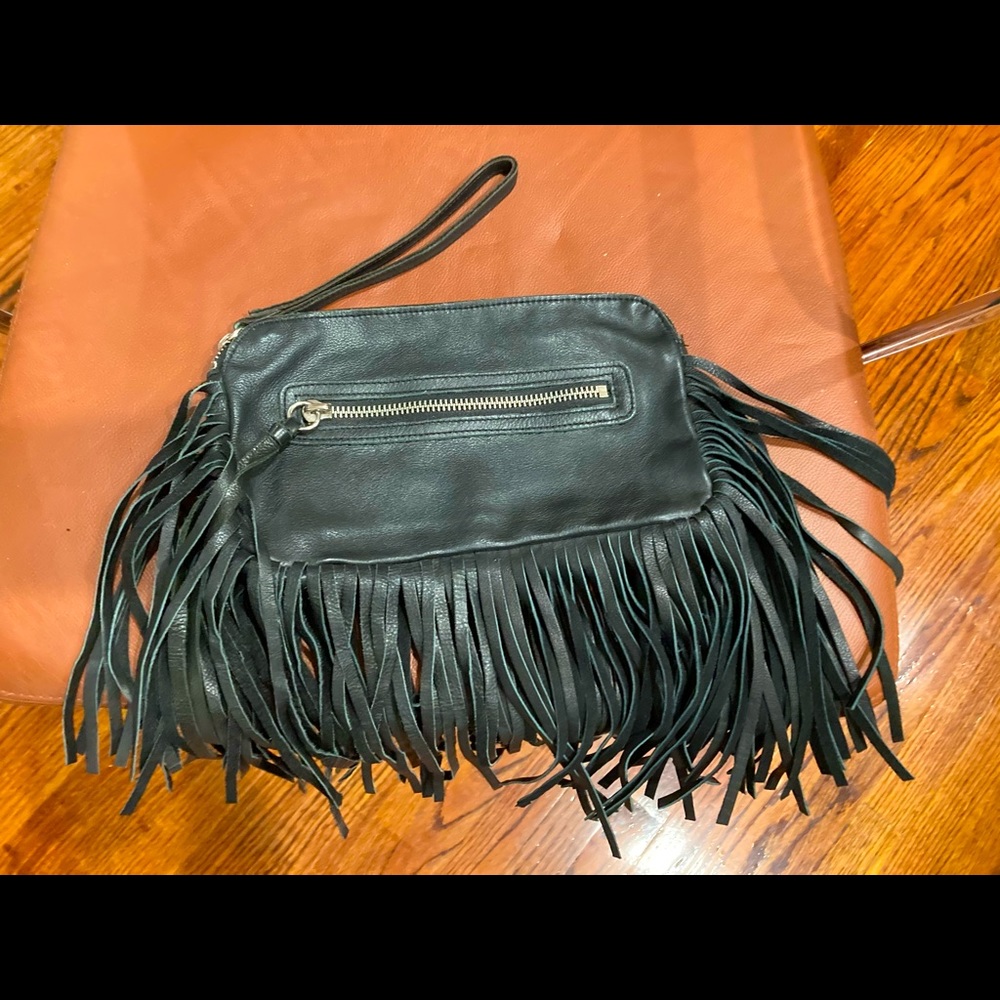 Linea Pelle black leather fringe clutch purse boho